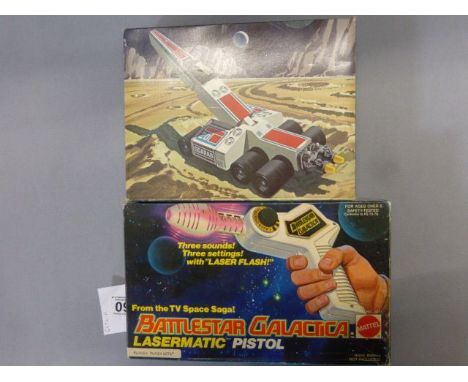 Boxed Mattel Battlestar Galactica Colonial Scarab Land Speed Vehicle 2534 and Boxed BG Lasermatic Pistol, boxes gd with some 