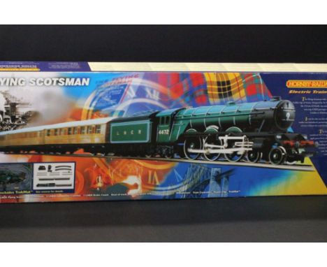 Boxed Hornby OO gauge Flying Scotsman train set appearing complete with engine and accessories
