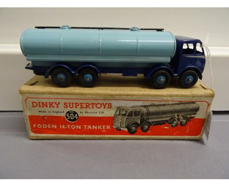 Boxed Dinky Supertoys 504 Foden 14 Ton Tanker with dark blue cab, light blue taker and blue hubs in vg condition, box good wi