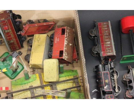 Collection of Hornby O gauge model railway to include Type 40 engine in black with key,  8 x items of rolling stock, 3 x sign