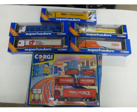 Five boxed Corgi Superhaulers to include TNT, Shell, Dukes, P&O and Tesco plus a boxed Corgi Superhauler set Parcelforce