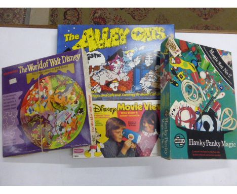 Four vintage boxed games to include Ideal The Alley Cats. Airfix Hnky Panky Magic, Mettoy Disney Movie Viewer and The World o