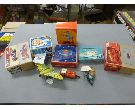 Nine various boxed tin plate toys plus 3 unboxed to include Friction Fire Engine, Snail x 2, Super Mini Series 12 assorted ca