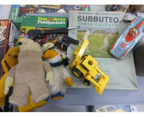 Collection of vintage toys to include boxed Subbuteo Cricket, early Lego, soft toys and 4 x toy guns to include a broken Jame