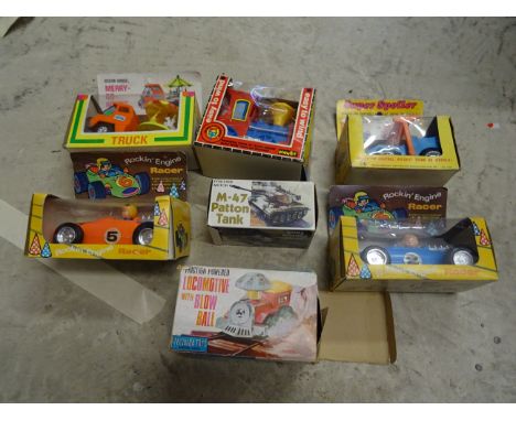 Seven boxed made in Hong Kong circa 1970s plastic toys to include Super Spoiler, Rockin' Engine Racer x 2, M-47 Patton Tank, 