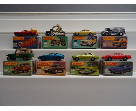 Eight boxed Matchbox 75 Series diecast vehicles featuring Superfast to include 50 Harley Davidson with rider, 51 Pontiac Fire