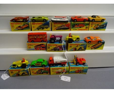 13 Boxed Matchbox Superfast 75 Series to include 3 Monteverdi Hai, 6 Mercedes 350SL, 7 Hairy Hustler, 9 AMX Javelin, 15 Fork 