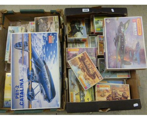 Collection of boxed vintage plastic model kits, all unmade and appear complete to include mainly Matchbox military, approxima