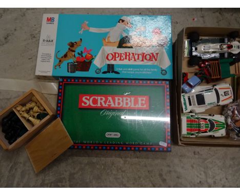 Mixed group of toys and games to include vintage Corgi Morris Mini-Minor, Britains horse & cart, Operation, etc