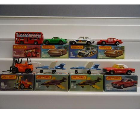 Eight boxed Matchbox 75 Series diecast vehicles featuring Superfast to include 2 s-2 Jet x 2, 3 Porsche Turbo x 2 in colour v