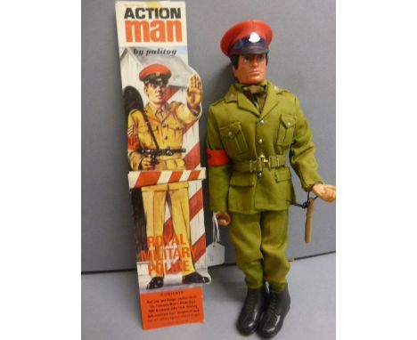 Vintage Palitoy Action Man Royal Military Police doll with eagle eyes, uniform appears complete with baton, no sub-machine gu