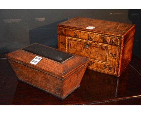 A Victorian Tumbridge Ware walnut and marquetry inlaid tea caddy, with fitted interior, 15cm high, with a sarcophagus shaped 