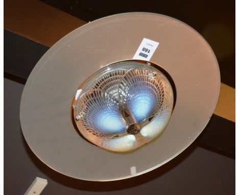 A Lalique 'Coquilles' opalescent glass light shade, with later frosted rim and wheel cut upper case, mark no. 3201, 20cm diam