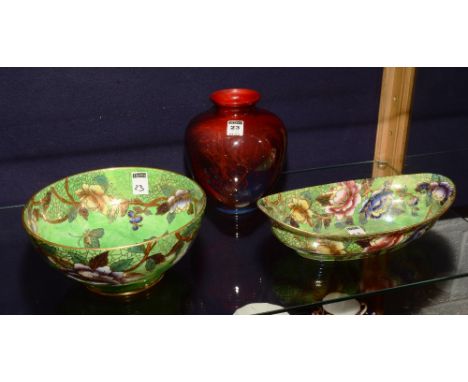 A Royal Doulton Sung Flambe vase, of baluster form, 20cm high, together with a Maling green lustre bowl and comport, 21cm & 2