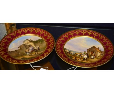 A pair of Rihouet Paris porcelain cabinet plates, depicting scenes 'Leaving for Market' and 'The Coastline near Cherbourg', e