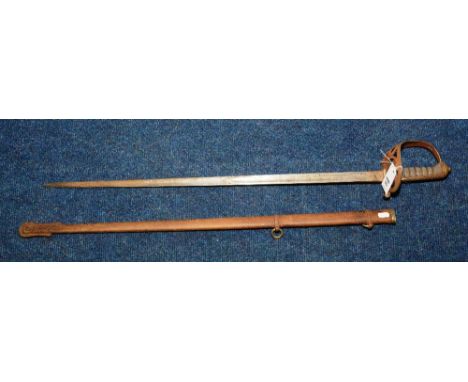 An Edward VII Officers Sword, with flat pommel, shagreen and wire grip, pierced metal hilt, etched crest and foliate decorati