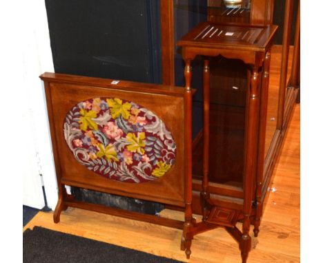 A mahogany two tier plant stand, 89cm high, together with a mahogany firescreen with embroidered panel, 67cm high (2)