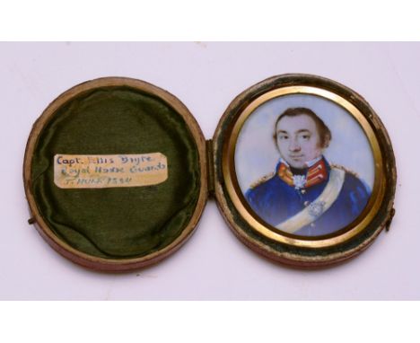 J Hull (c.1804)
'Officer of the Royal Horse 6th Division'
Portrait miniature, watercolour on ivory, 5cm diameter