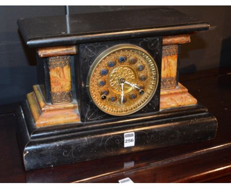 A late Victorian faux marble and ebonised wood mantle clock, with gilt dial decorated with spandrels, 26cm high