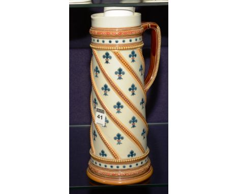 A late 19th / early 20th century Mettlach Pottery beer stein, stamped 1781 to base, decorated with blue enamel motifs on brow
