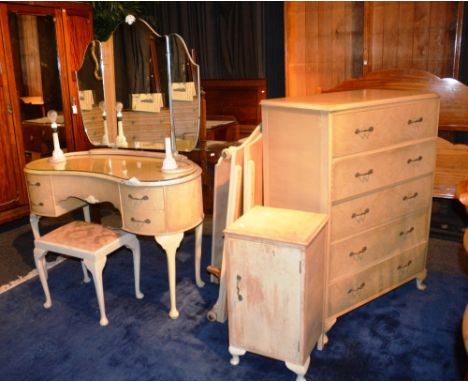 A Meredew bedroom suite, comprising of two door wardrobe, five drawer chest, kidney shaped dressing table and stool, two sing