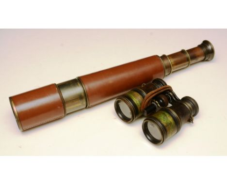 A vintage three draw telescope, by Broadhurst Clarkson and Co, London, 65cm long, with a pair of military field glasses in ca