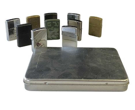 HOOKY'S ZIPPO LIGHTER COLLECTION &amp; SILVER RING. Collection of 10 lighters (many with inscriptions) and a silver ring bear