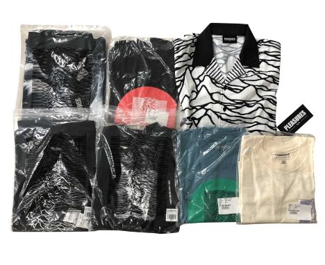 JOY DIVISION "PLEASURES" CLOTHING RANGE. 7 items to include 3 t-shirts, a polo shirt, a heavyweight shirt, a long-sleeved shi