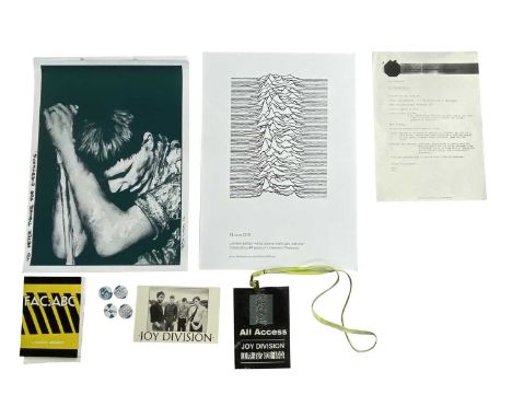 JOY DIVISION MEMORABILIA. To include signed Ian Curtis art print, Japan Joy Division All-Access pass, Splash postcard, card p