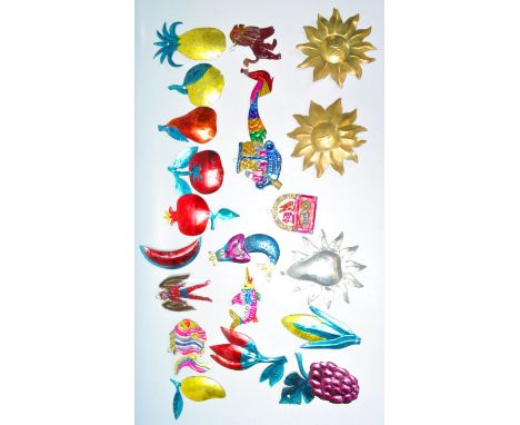A collection of vintage folk art hand made tin hanging decorations.&nbsp;To include brightly painted mermaid, grapes, fish, c