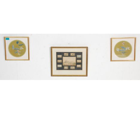 A pair of believed 19th century Chinese silk panels with needle worked scenes in relief of floral sprays. Set into circular m