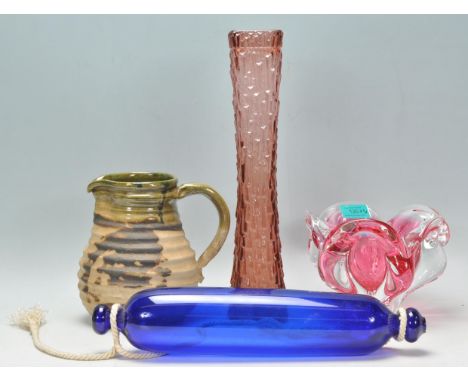 A collection of vintage ceramics to include a Bristol blue glass rolling pin, a Czech pink glass bowl (likely Chribska), a pi