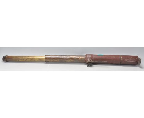 A vintage 20th Century leather bound extendable brass body telescope complete with lens cover and attachment fixtures. 89cm l