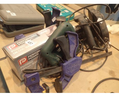 Performance detail sander Black and Decker circular saw Bosch jig saw and pair of Irwin quick grip clamps  CONDITION REPORT: 