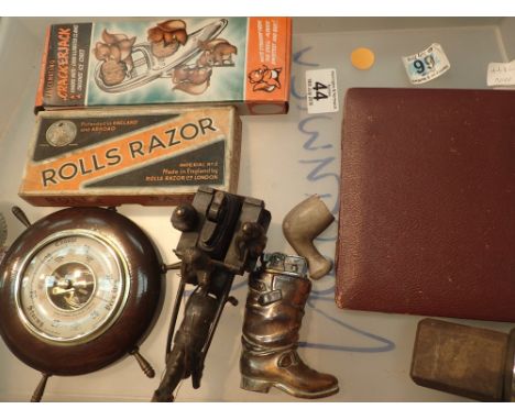 Tray of collectables including metal horse and cart table lighter lighter ships wheel barometer boot table lighter box of spo