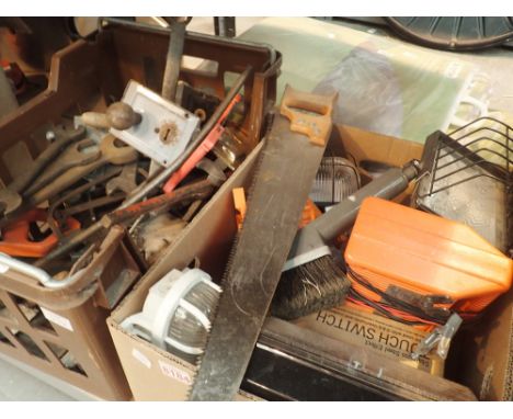 Two boxes of mixed tools and lights fixtures / fittings 