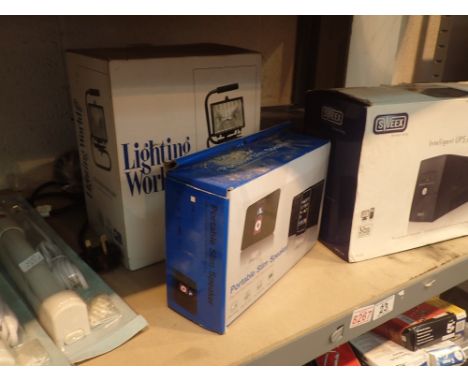 Mixed electricals including new and boxed security lights speaker mains 27 cm Sweet Intelligent UPS 650VA