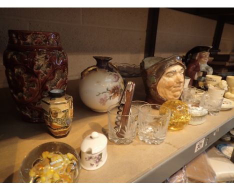 Shelf of mixed ceramics and glass ware including Doulton friar tuck jug 