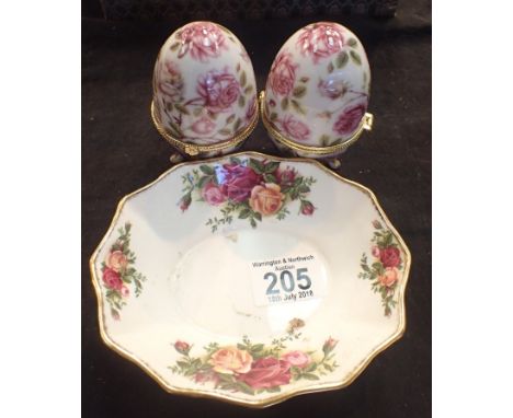 Two ceramic egg containers and a Royal Albert Old Country Roses dish