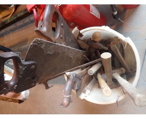 Plastic bucket containing assorted vintage tools saws hammers etc