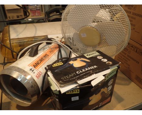 Andrews heating portabl jet type heater with three speed desk fan and Delta steam cleaner  CONDITION REPORT: This item has be