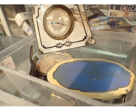Box of collectable items Oris wristwatch Oris clock and silver and enamel Art Deco clock 