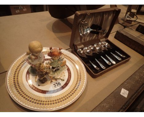 Cased desert spoon set Goebel figure and two others and Queen Elizabeth silver jubilee plate