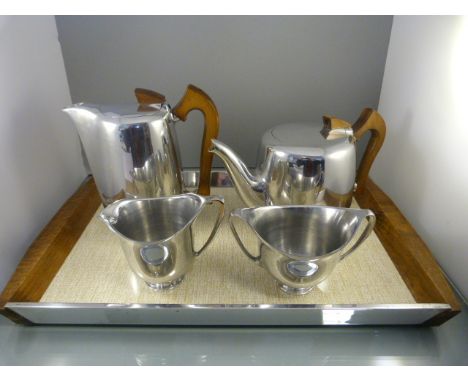 Picquot Ware - On original teak handled tray along with teapot, coffee pot, milk jug and creamer