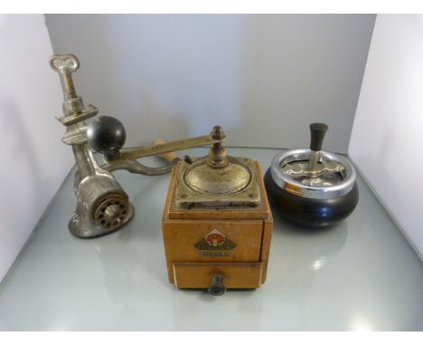 Black bakelite style Roulette Ashtray, 'Pe-De Dienes' Wooden and metal coffee grinder 'Mokka' and a meat grinder