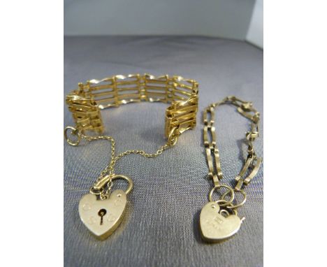 Hallmarked 9ct Gate bracelet with locking heart padlock along with one other two bar gate bracelet with padlock also 9ct Tota