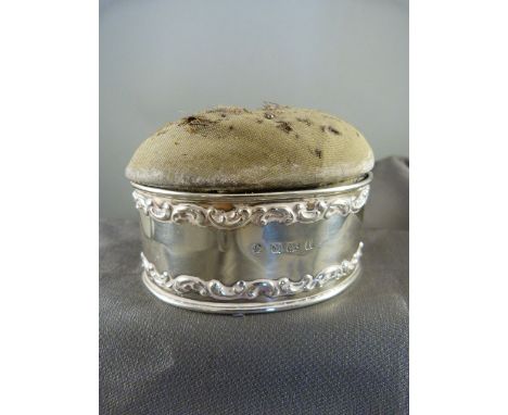 Hallmarked silver pin cushion in the form of a trinket pot. Hallmarked Birmingham 1905 - Cushion needs restoration.