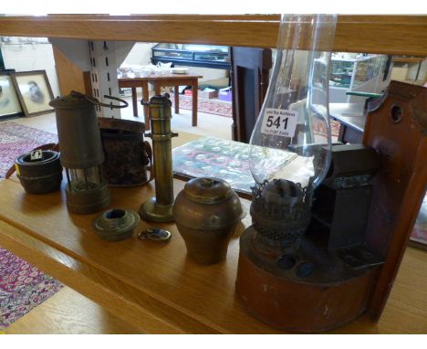 Lipton's Souvenir Tea Caddy, small oil lamp, various brass fittings, pair of Denhill binoculars in fitted case snf s hanging 