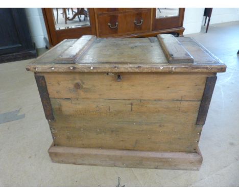 Antique metal bound tool trunk with sliding tray inside