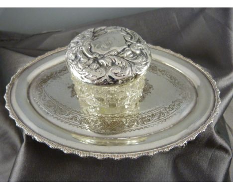 Silver topped trinket pot and a small dressing table tray(plate)